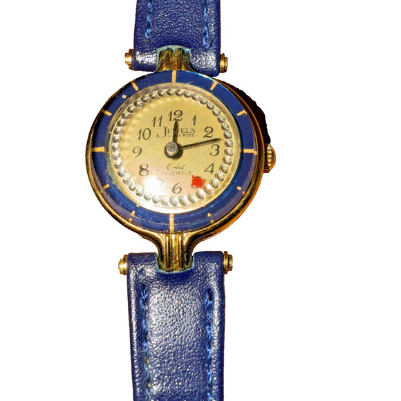 Vintage Orbit Women's Gold Navy Blue Watch 17 Jewels Manual Wind Leather Working - Picture 1 of 7